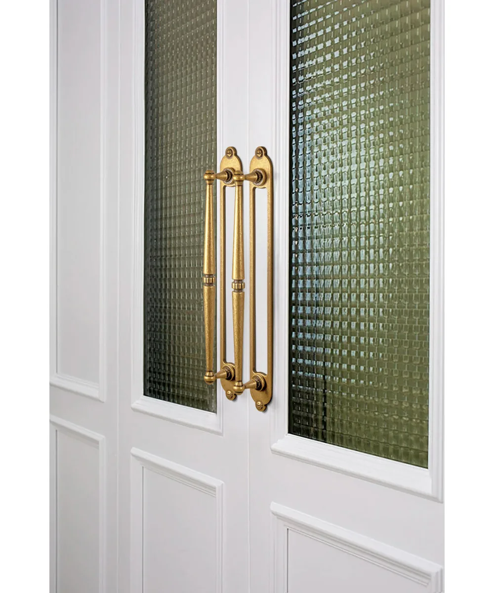 Antique brass cabinet handles mounted on decorative back plates