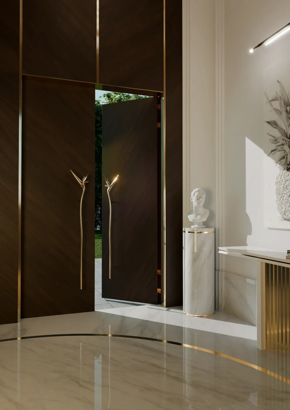 Sculptural brass door handles on a dark glass door
