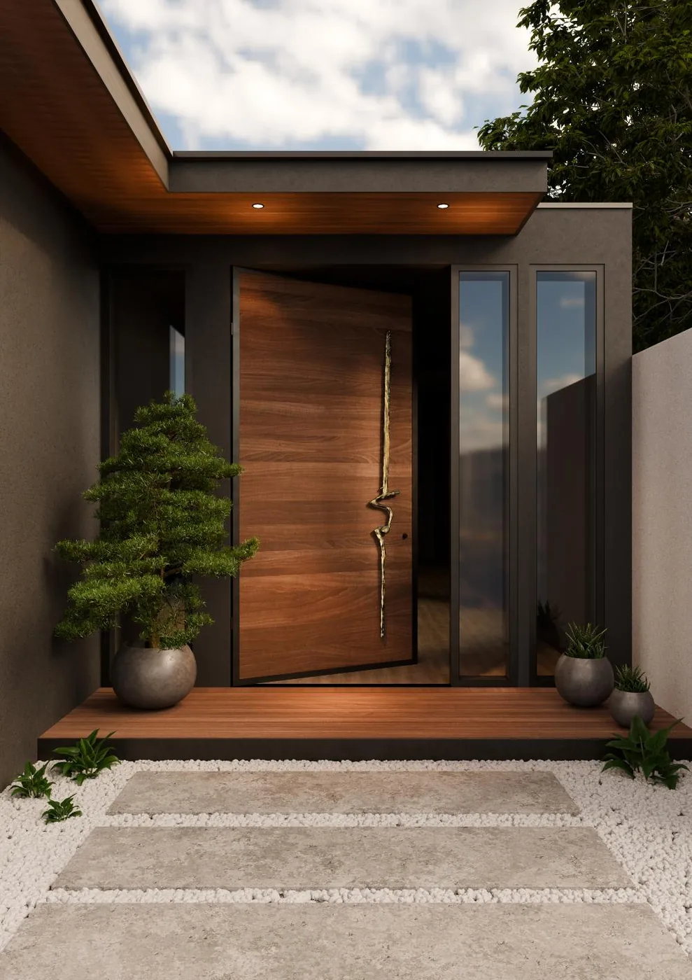 Modern entry door with an elongated sculptural bronze handle
