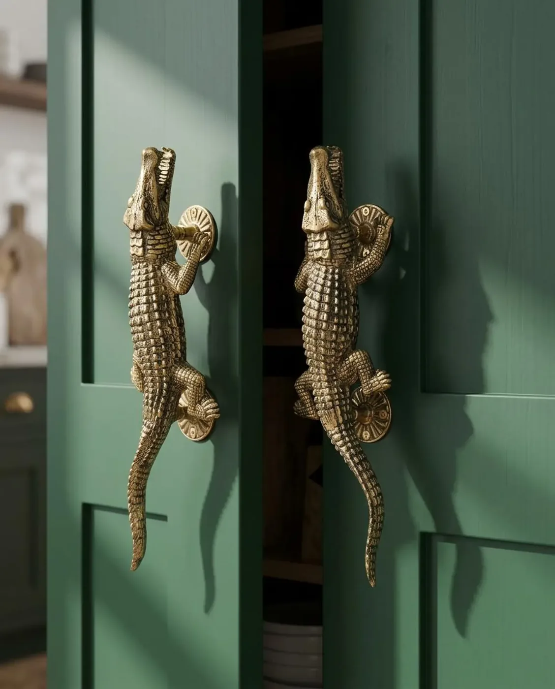 Brass alligator-shaped cabinet handles on green pantry doors