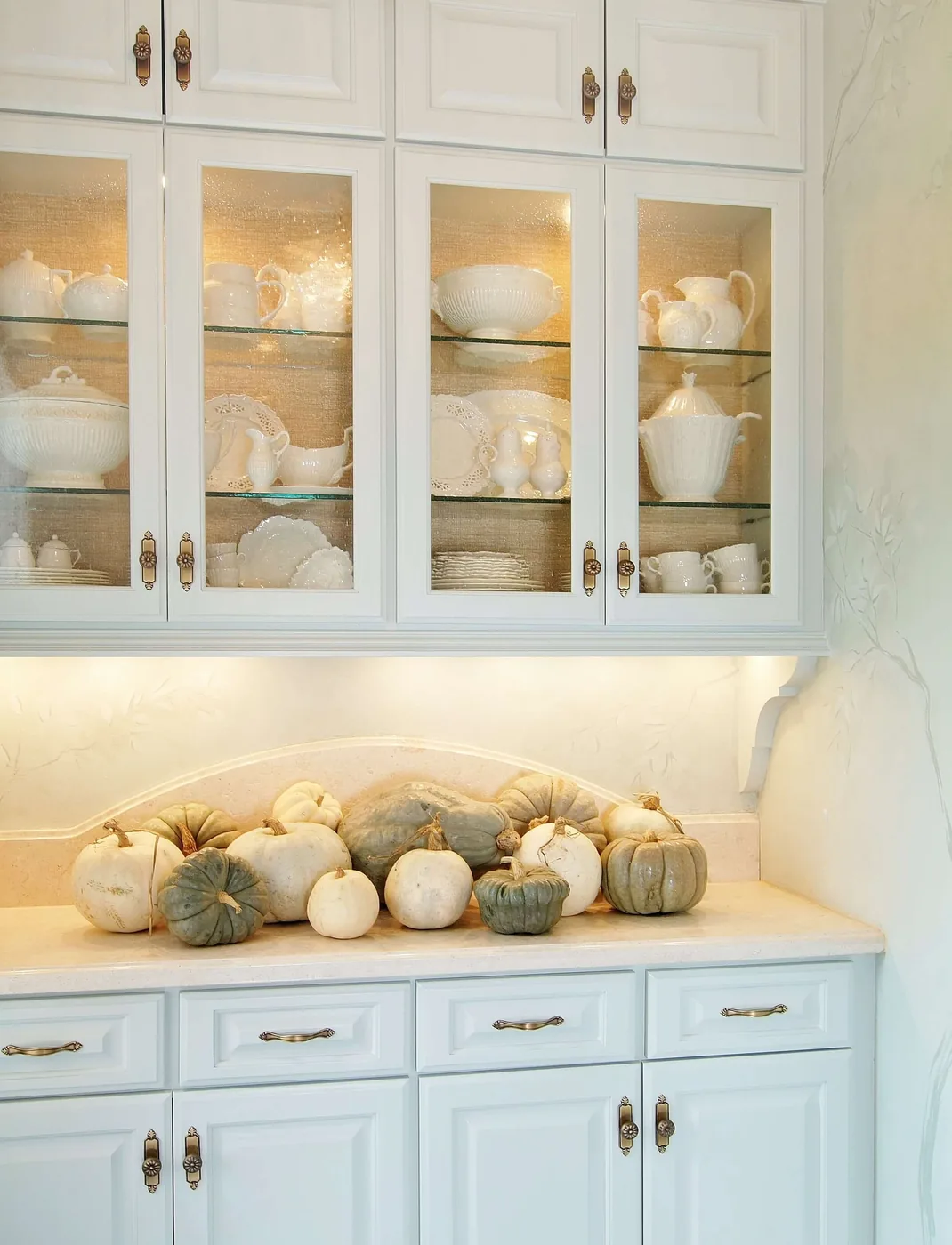 White cabinetry with antique brass knobs and back plate pulls
